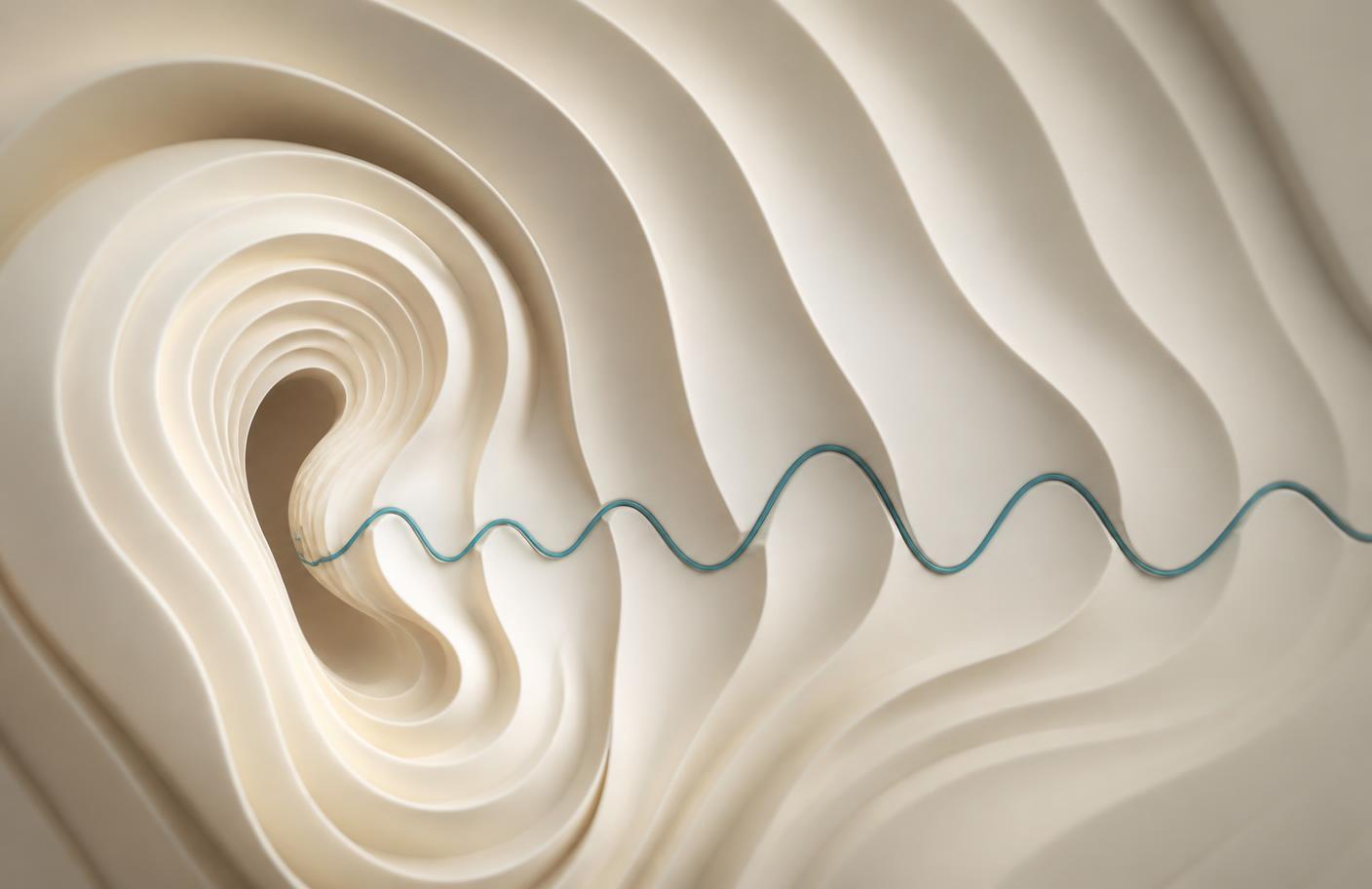 Abstract sculptural form of soft ridges with a single teal line tracing a sound wave