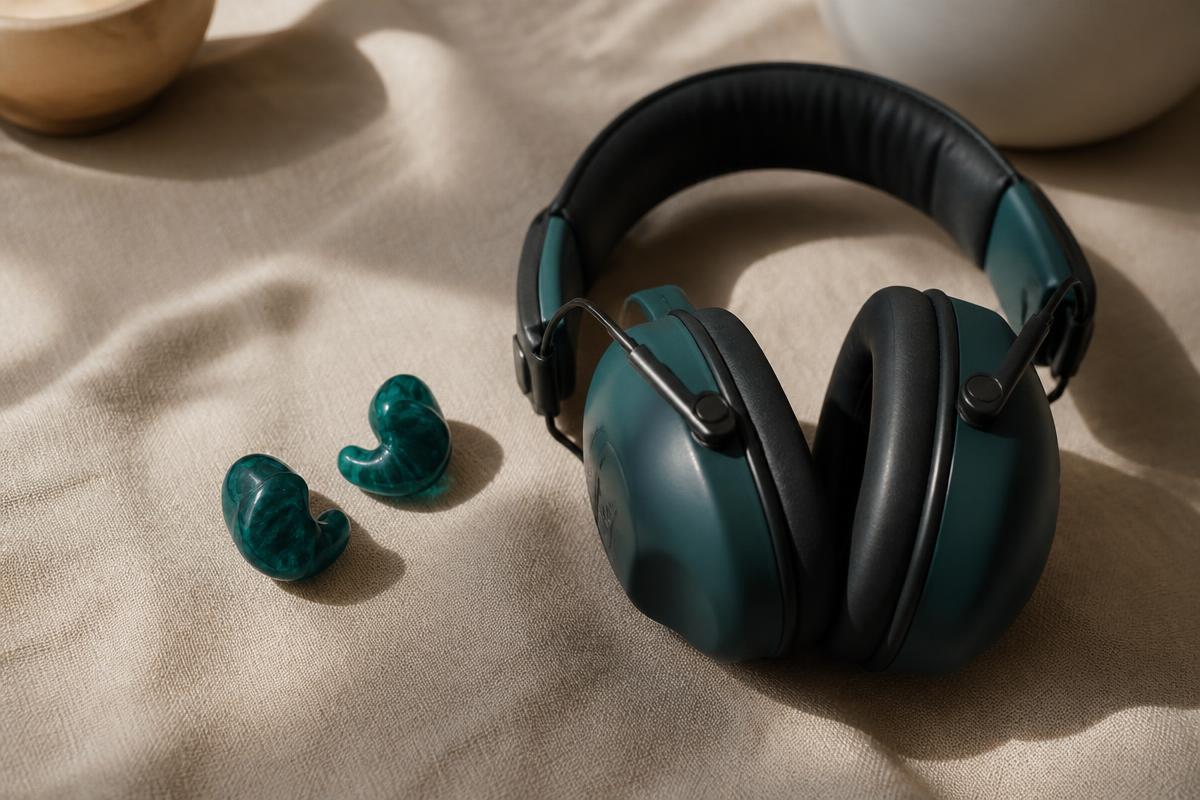 Custom-moulded ear plugs beside over-ear defenders on a linen surface