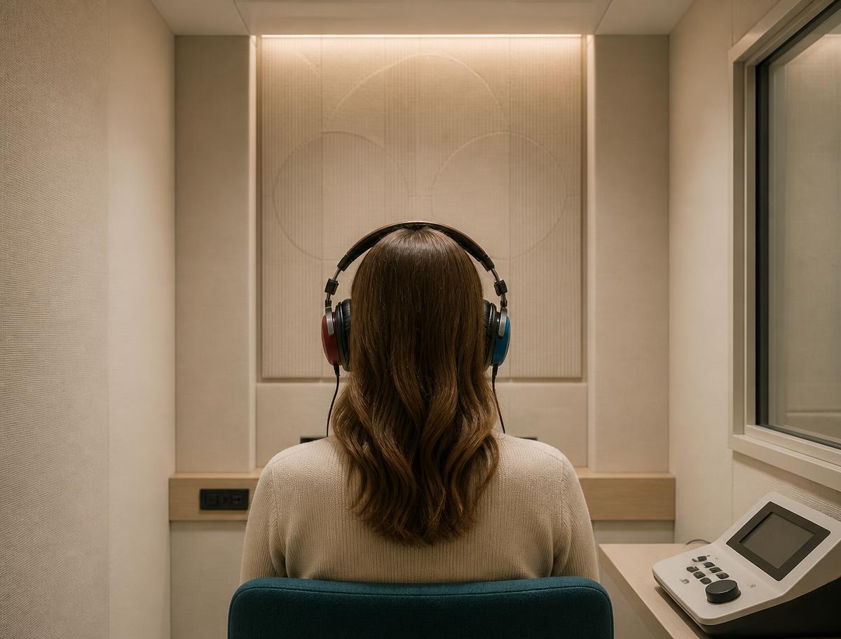A person wearing audiometric headphones seated in a quiet sound-treated hearing test booth